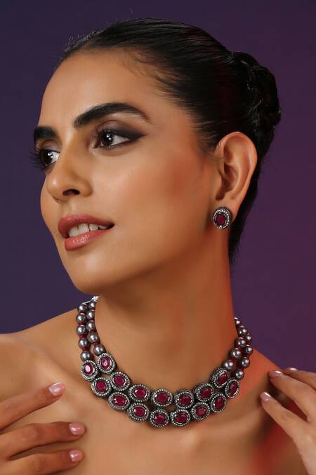 Shop_Swabhimann_Purple Stones Embellished Layered Choker Set _Online_at_Aza_Fashions