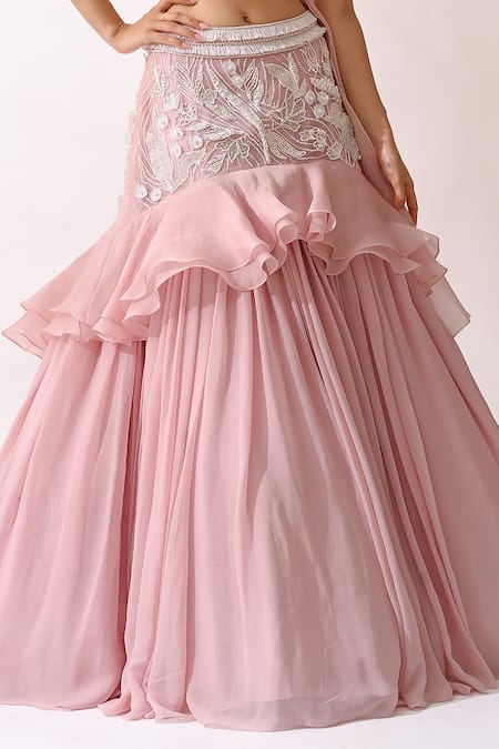 Shop PIRI INDIA Pink Organza, Georgette Embroidery Asymmetric Hand Blouse And Lehenga Set Online at Aza Fashions Shop_PIRI INDIA_Pink Organza, Georgette Embroidery Asymmetric Hand Blouse And Lehenga Set _Online_at_Aza_Fashions