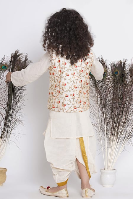 Shop Little Bansi Cream Silk, Cotton Embroidery Floral Bundi Kurta Set at Aza Fashions Shop_Little Bansi_Cream Silk, Cotton Embroidery Floral Bundi Kurta Set _at_Aza_Fashions