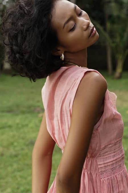 Baju_Pink 40% , 60% , Chanderi Lace Work V Rosa Layered Dress_at_Aza_Fashions