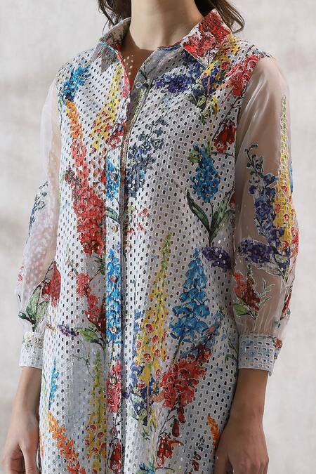 Shop RANNA GILL Multi Color Viscose Linen Print Floral Schiffli Embroidered Kurta Online at Aza Fashions Shop_RANNA GILL_Multi Color Viscose Linen Print Floral Schiffli Embroidered Kurta _Online_at_Aza_Fashions