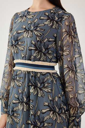 Shop_Koai_Blue Chiffon Fringe Round Neck Floral Print Midi Dress _Online_at_Aza_Fashions