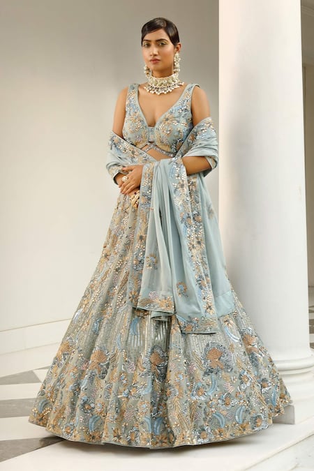 Shop_Miku Kumar_Grey Silk, Satin, Net Sequins, Cut Floral Hand Embroidered Bridal Lehenga Set _Online_at_Aza_Fashions