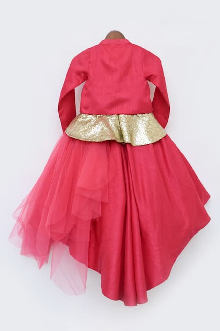 Shop_Fayon Kids_Coral Net, Silk Sequins High Low Hem Gown With Jacket _Online_at_Aza_Fashions
