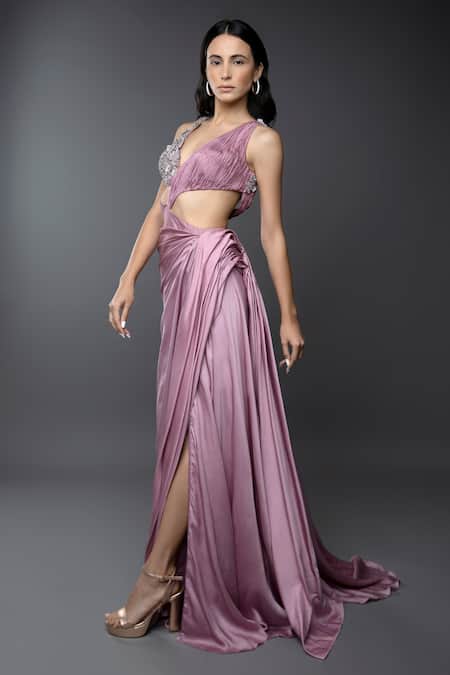 Shop_Anjum Qureshi_Pink Satin Hand Embroidered Sequin V Neck Draped Gown _Online_at_Aza_Fashions