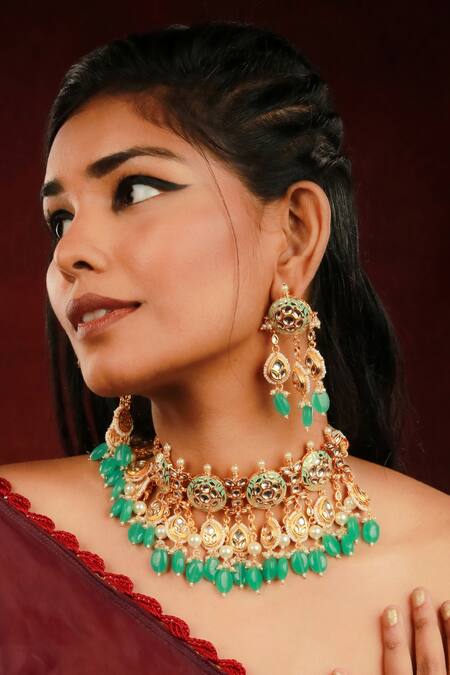 Shop Ishhaara Multi Color Stones Handcrafted Embellished Necklace Set With Maangtikka Online at Aza Fashions Shop_Ishhaara_Multi Color Stones Handcrafted Embellished Necklace Set With Maangtikka _Online_at_Aza_Fashions