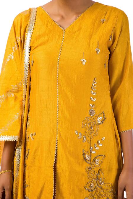 Shop_Meghna Shah_Yellow Dola Silk Hand Printed Stones V Neck Kurta With Palazzo Set _Online_at_Aza_Fashions