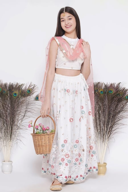 Shop_Little Bansi_White Net, Cotton Sequins, Embroidery Floral Bouquet Lehenga Set _Online_at_Aza_Fashions