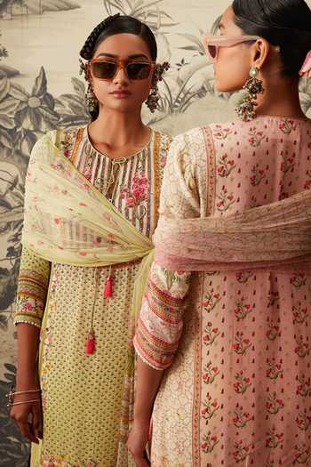 Shop Kalista Green Crepe, Georgette Embroidery Zuri Floral Print Kurta Pant Set Online at Aza Fashions Shop_Kalista_Green Crepe, Georgette Embroidery Zuri Floral Print Kurta Pant Set _Online_at_Aza_Fashions