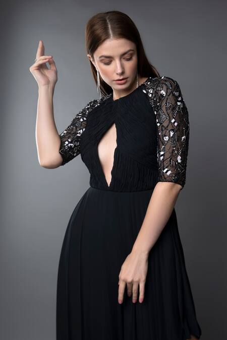 Shop_Anjum Qureshi_Black Georgette Embroidery Cutdana Round Sleeve Gown _Online_at_Aza_Fashions