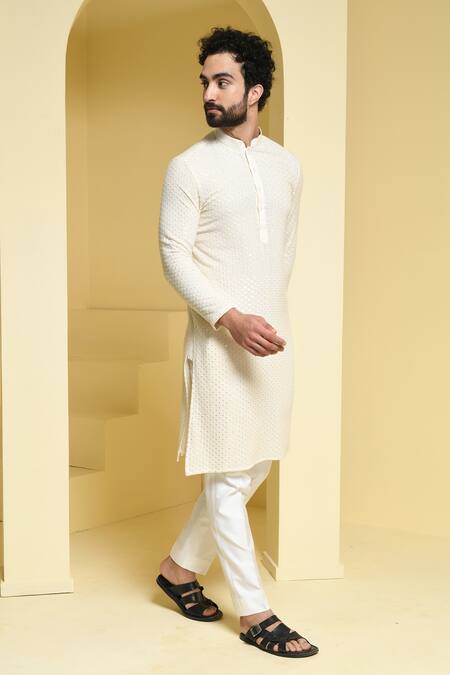 Shop_Kustomeyes_Ivory Cotton, Silk Sequins Embroidered Kurta And Pant Set _Online_at_Aza_Fashions