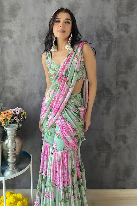 Shop_Sanam_Green Chiffon, Silk Sequins, Cut Nicolette Pre-draped Sharara Saree And Blouse Set 