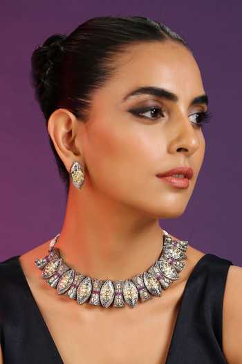 Shop_Swabhimann_Silver Plated Crystals, Stones Leaf Shaped Polki Necklace Set _Online_at_Aza_Fashions