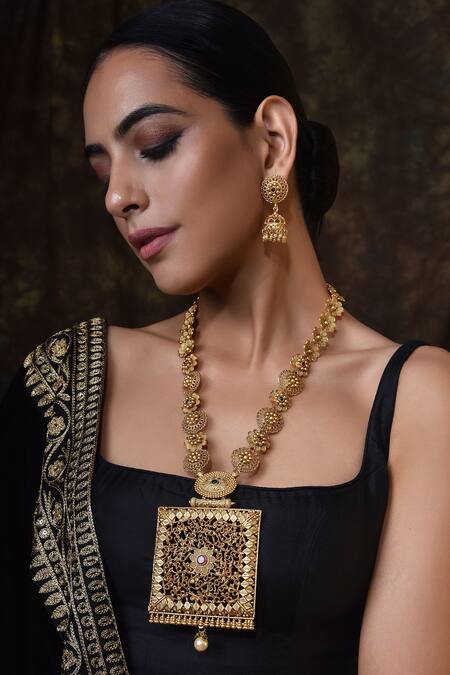 Swabhimann Gold Plated Pearls Temple Necklace Set Online at Aza Fashions Swabhimann_Gold Plated Pearls Temple Necklace Set _Online_at_Aza_Fashions