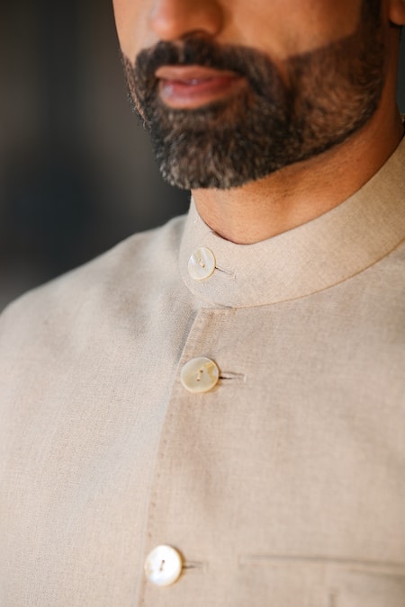 Raw & Rustic by Niti Bothra_Beige Linen Bundi And Pant Set _Online_at_Aza_Fashions