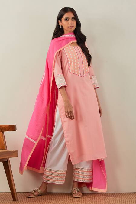 Shop_The Indian Cause_Peach Cotton Mirrors, Beads Round Neck Rooh Yoke Embroidered Kurta _Online_at_Aza_Fashions