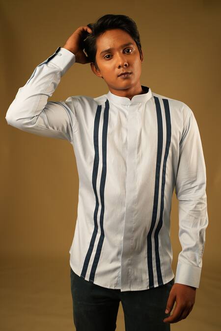 Buy_Hilo Design_Blue Oxford, Poplin, Lycra Stripe Pattern Shirt_Online_at_Aza_Fashions