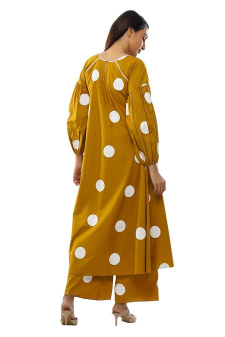 Shop_Khat_Yellow Round Neck Polka Dot Dress Pant Co-ord Set _Online_at_Aza_Fashions