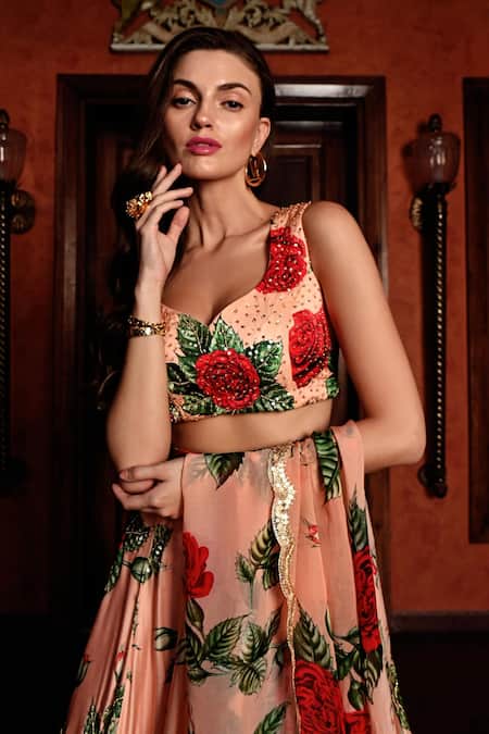 Shop_Sanam_Peach Silk Sequins, Embroidery, Stones Rosette Print Lehenga Set 