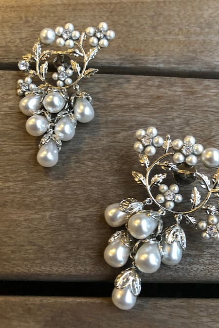 Shop_The Jewel Factor_White Pearls, Rhinestones Grape Vine Shaped Earrings_Online_at_Aza_Fashions