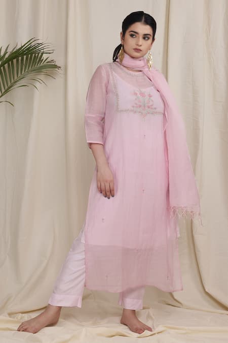 Shop_Tatwa_Pink Handloom Cotton, Viscose, Silk Embroidery Yoke Sequins Kurta And Pant Set _Online_at_Aza_Fashions