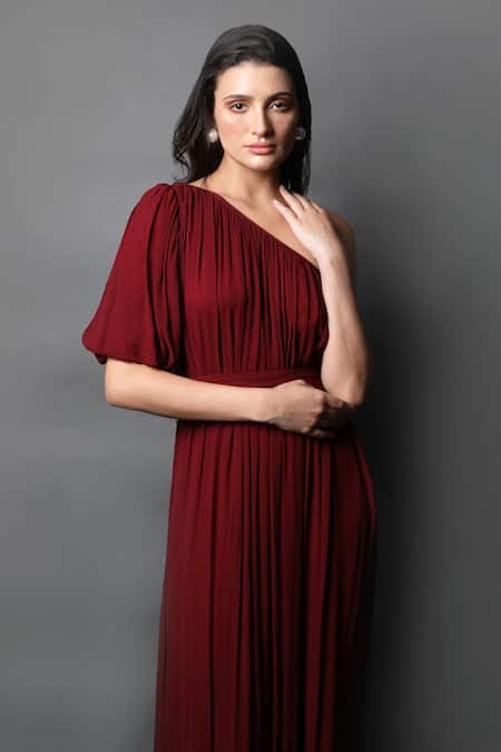 Shop_Swatee Singh_Maroon Georgette One Shoulder Pleated Hem Gown _Online_at_Aza_Fashions