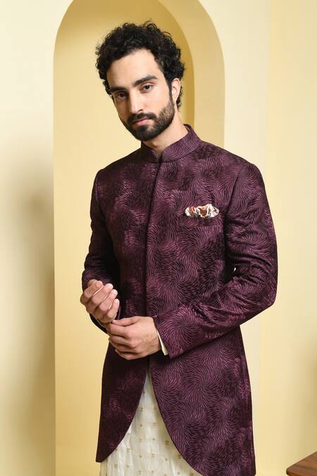Shop_Kustomeyes_Wine Silk Embroidery Sherwani Set_Online_at_Aza_Fashions