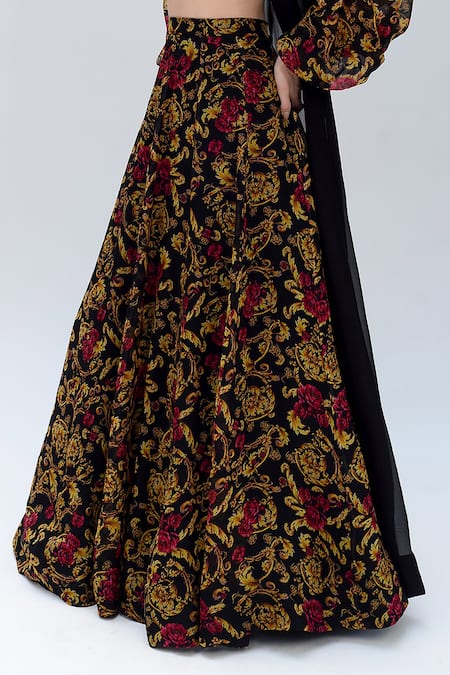 Shop Sanam Black Silk Organza Embroidery Versailles Floral Pattern Long Jacket Lehenga Set Online at Aza Fashions Shop_Sanam_Black Silk Organza Embroidery Versailles Floral Pattern Long Jacket Lehenga Set _Online_at_Aza_Fashions