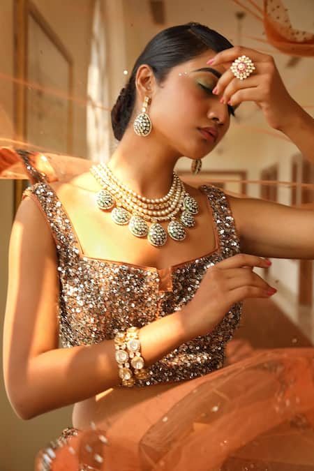 Shop_Miku Kumar_Peach Silk, Satin, Organza Sequins Scattered Embroidered Bridal Lehenga Set _Online_at_Aza_Fashions