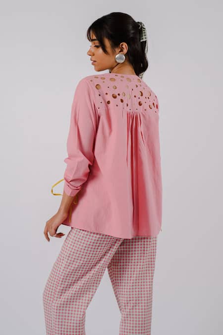 Buy Tussah By Siddhi Shah Pink Cotton Cut Work Round Neck Placed Shirt With Pant Online at Aza Fashions Buy_Tussah By Siddhi Shah_Pink Cotton Cut Work Round Neck Placed Shirt With Pant _Online_at_Aza_Fashions