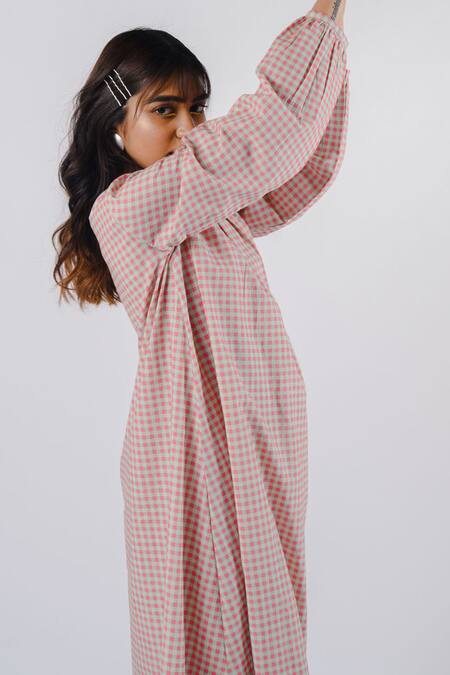 Buy Tussah By Siddhi Shah Pink Cotton Checkered Round Pattern Flared Kurta With Pant Online at Aza Fashions Buy_Tussah By Siddhi Shah_Pink Cotton Checkered Round Pattern Flared Kurta With Pant _Online_at_Aza_Fashions