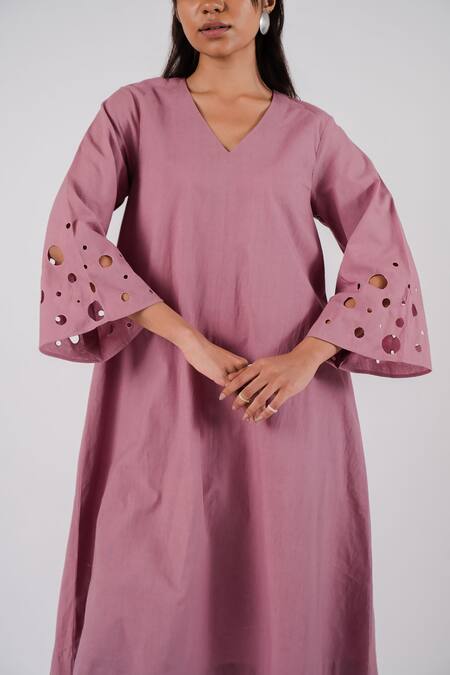 Shop_Tussah By Siddhi Shah_Purple Cotton Cut-work Circle V Cut Work Bell Sleeve Kurta With Pant  _Online_at_Aza_Fashions