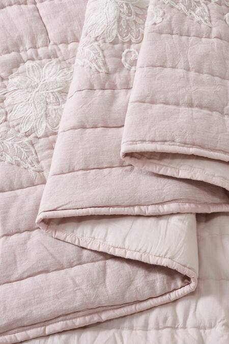 Shop_Houmn_Pink Front 100% Linen Embroidered Cradle Bedding Set_Online_at_Aza_Fashions