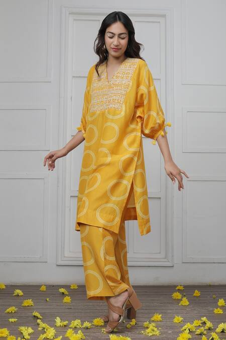 Myoho_Yellow Cotton, Silk Embroidery V-neck Discharge Print Tunic And Pant Set _Online_at_Aza_Fashions