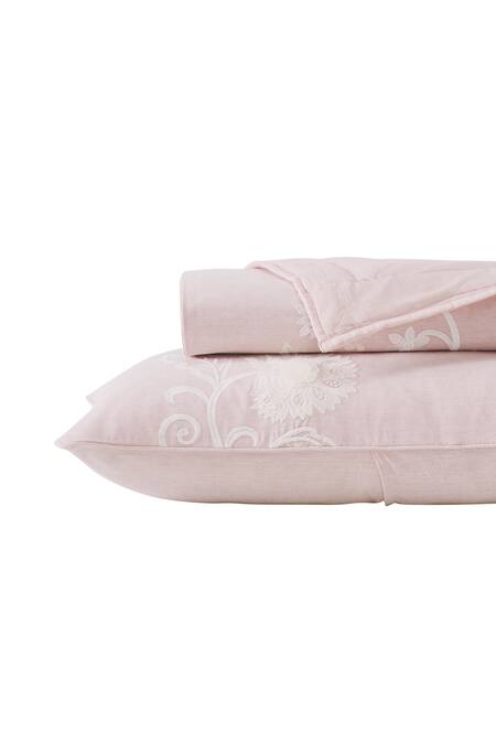 Buy_Houmn_Pink Front 100% Linen Embroidered Cradle Bedding Set_Online_at_Aza_Fashions
