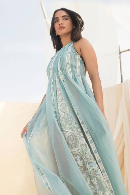 Buy Megha Bansal Blue Silk Organza Sequin And Beads Work, Zardozi Almora Embroidered Panelled With Online at Aza Fashions Buy_Megha Bansal_Blue Silk Organza Sequin And Beads Work, Zardozi Almora Embroidered Panelled With _Online_at_Aza_Fashions