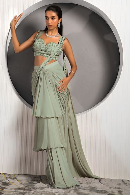 Jade By Ashima_Green Crepe Tassels, Embroidery Pre-draped Ruffle Saree With Ophelia Blouse _at_Aza_Fashions