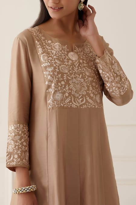 Buy_Kamaltaas_Brown Chanderi Silk Embroidery Round Neck Hand Anarkali And Pant Set_Online_at_Aza_Fashions