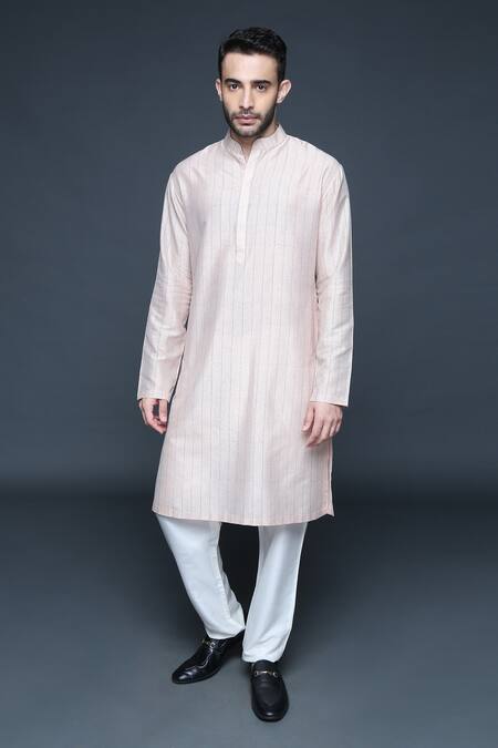 Shop_Sanjev Marwaaha_Peach Cotton, Silk Embroidery Signature Paisley Bundi Kurta Set _Online_at_Aza_Fashions