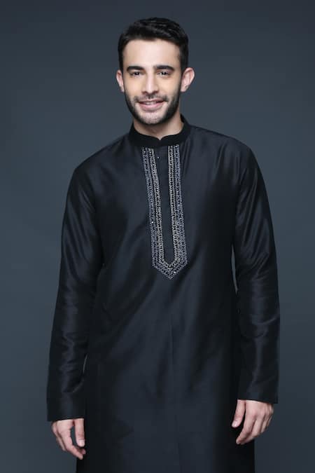 Shop_Sanjev Marwaaha_Black Cotton, Silk Sequins, Cut Work, Geometric Embellished Bundi Kurta Set_Online_at_Aza_Fashions