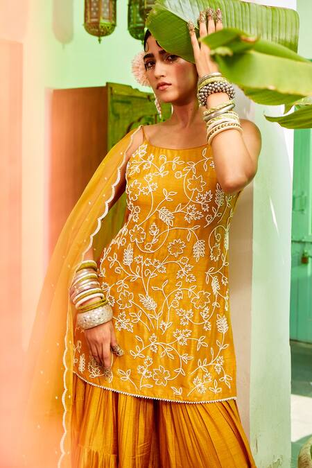 Shop_Mona And Vishu_Yellow Dupion Silk, Dupatta Organza Pearl Embroidered Kurta Tiered Sharara Set _Online_at_Aza_Fashions