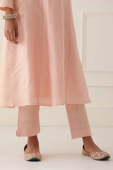 Shop_Kamaltaas_Peach , Silk Embroidery Split V-neck Yoke Anarkali Pant Set _Online_at_Aza_Fashions
