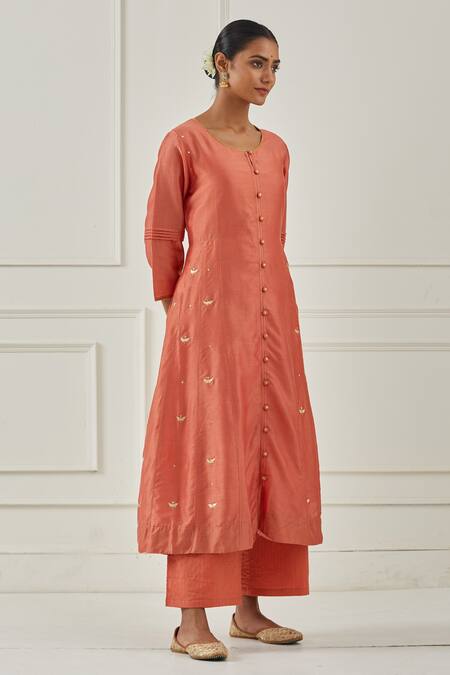 Kamaltaas Orange Chanderi Silk, Cotton, Lurex Embroidery Side-kalidar Anarkali Pant Set at Aza Fashions Kamaltaas_Orange Chanderi Silk, Cotton, Lurex Embroidery Side-kalidar Anarkali Pant Set_at_Aza_Fashions