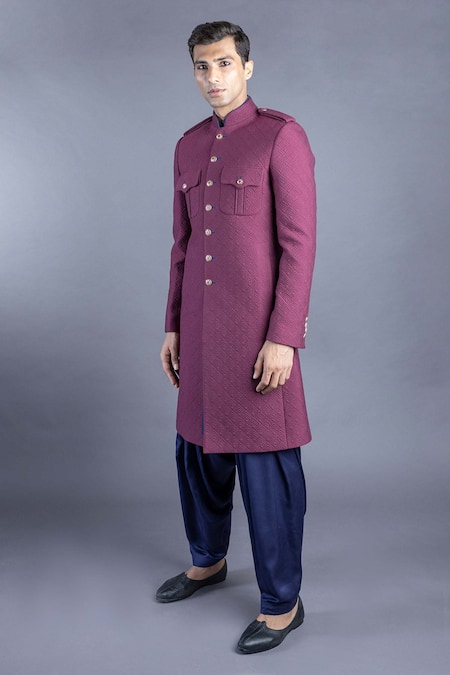 Abhishek Gupta_Purple Katan Silk Quilted Sherwani And Kurta Set  _Online_at_Aza_Fashions