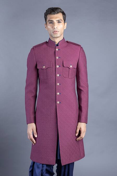 Buy_Abhishek Gupta_Purple Katan Silk Quilted Sherwani And Kurta Set  _Online_at_Aza_Fashions
