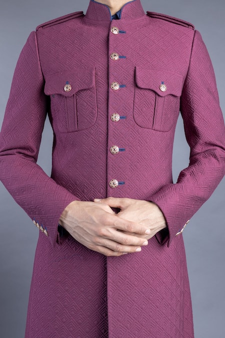 Shop_Abhishek Gupta_Purple Katan Silk Quilted Sherwani And Kurta Set  _Online_at_Aza_Fashions