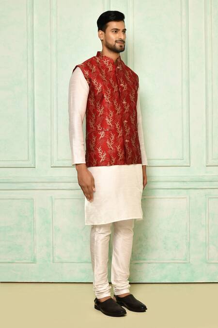 Arihant Rai Sinha_Maroon Jersey Embroidery Tree Motif Printed Bundi_Online_at_Aza_Fashions
