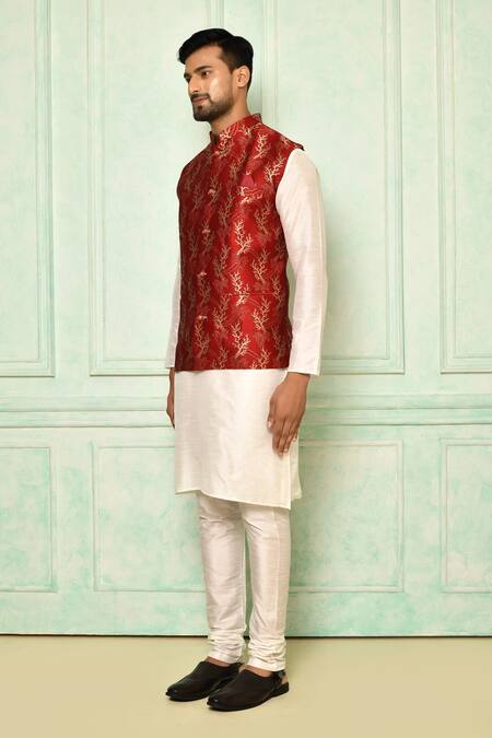 Buy_Arihant Rai Sinha_Maroon Jersey Embroidery Tree Motif Printed Bundi_Online_at_Aza_Fashions
