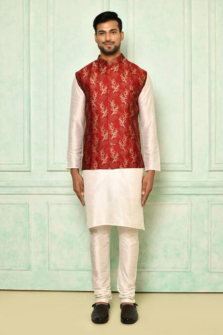 Shop_Arihant Rai Sinha_Maroon Jersey Embroidery Tree Motif Printed Bundi_Online_at_Aza_Fashions