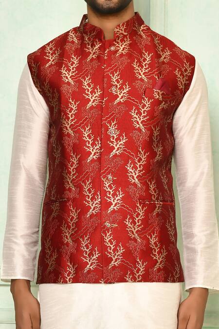 Arihant Rai Sinha_Maroon Jersey Embroidery Tree Motif Printed Bundi_at_Aza_Fashions